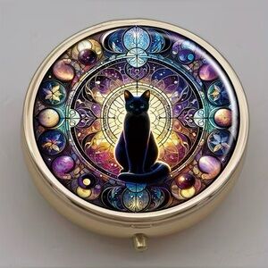 Black Cat & Moon Round Pill Organizer 3-Compartment Compact Pill Case New